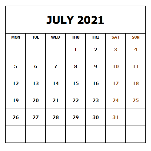 July Calendar 2021 Printable Free