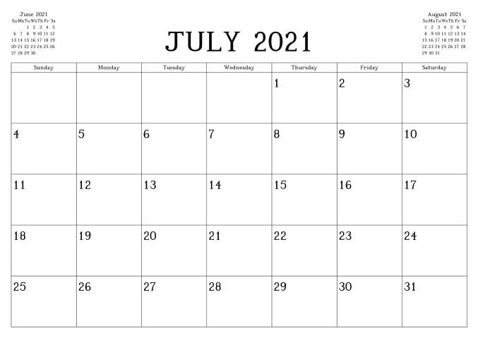 July Printable Calendar 2021