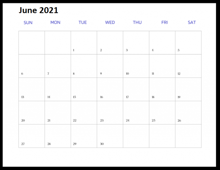 June 2021 Blank Calendar Printable PDF Pages - Printable Blank Calendar ...