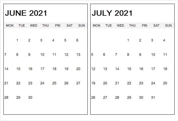 June 2021 Blank Calendar Excel