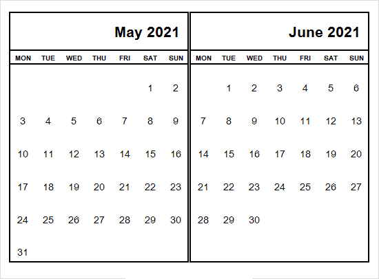 June 2021 Blank Calendar Pages