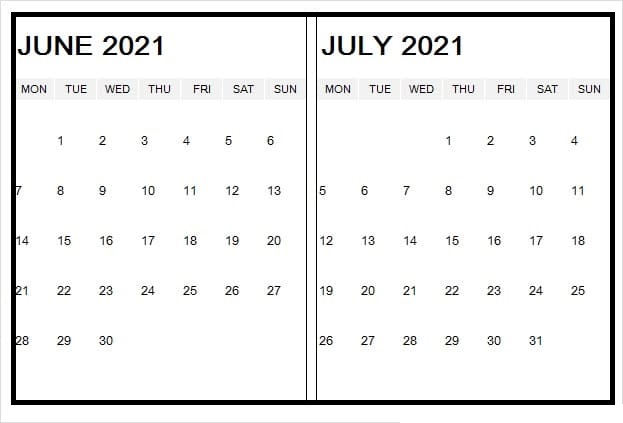 June 2021 Blank Editable Calendar