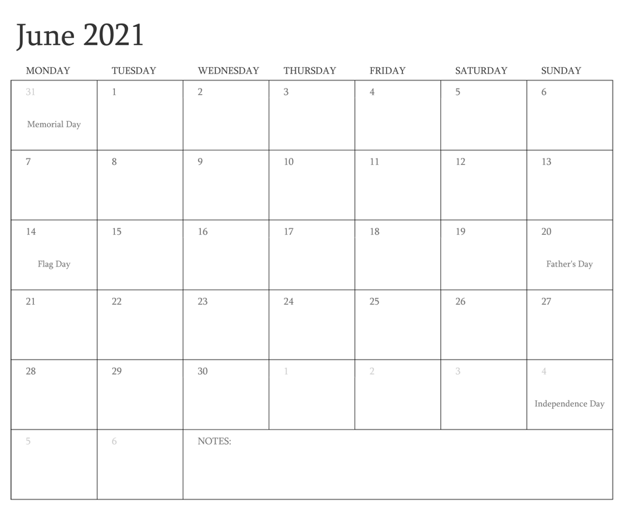 June 2021 Blank Monthly Calendar