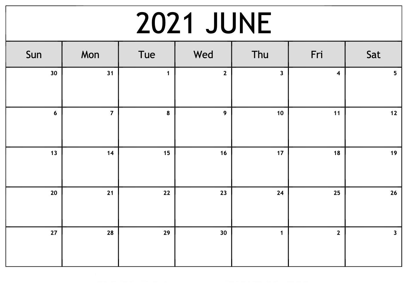 June 2021 Blank Weekly Calendar