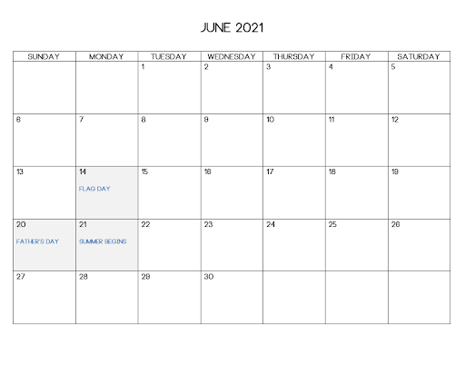 June 2021 Blank Word Calendar