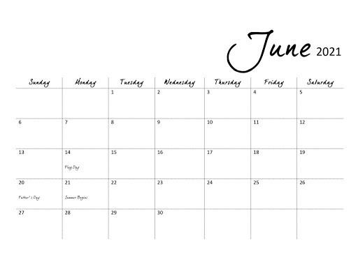 June 2021 Calendar Canada Printable