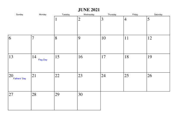 June 2021 Calendar With Holidays USA