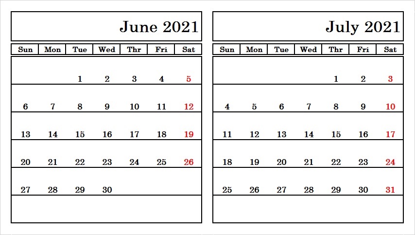 June & July 2021 Calendar Printable