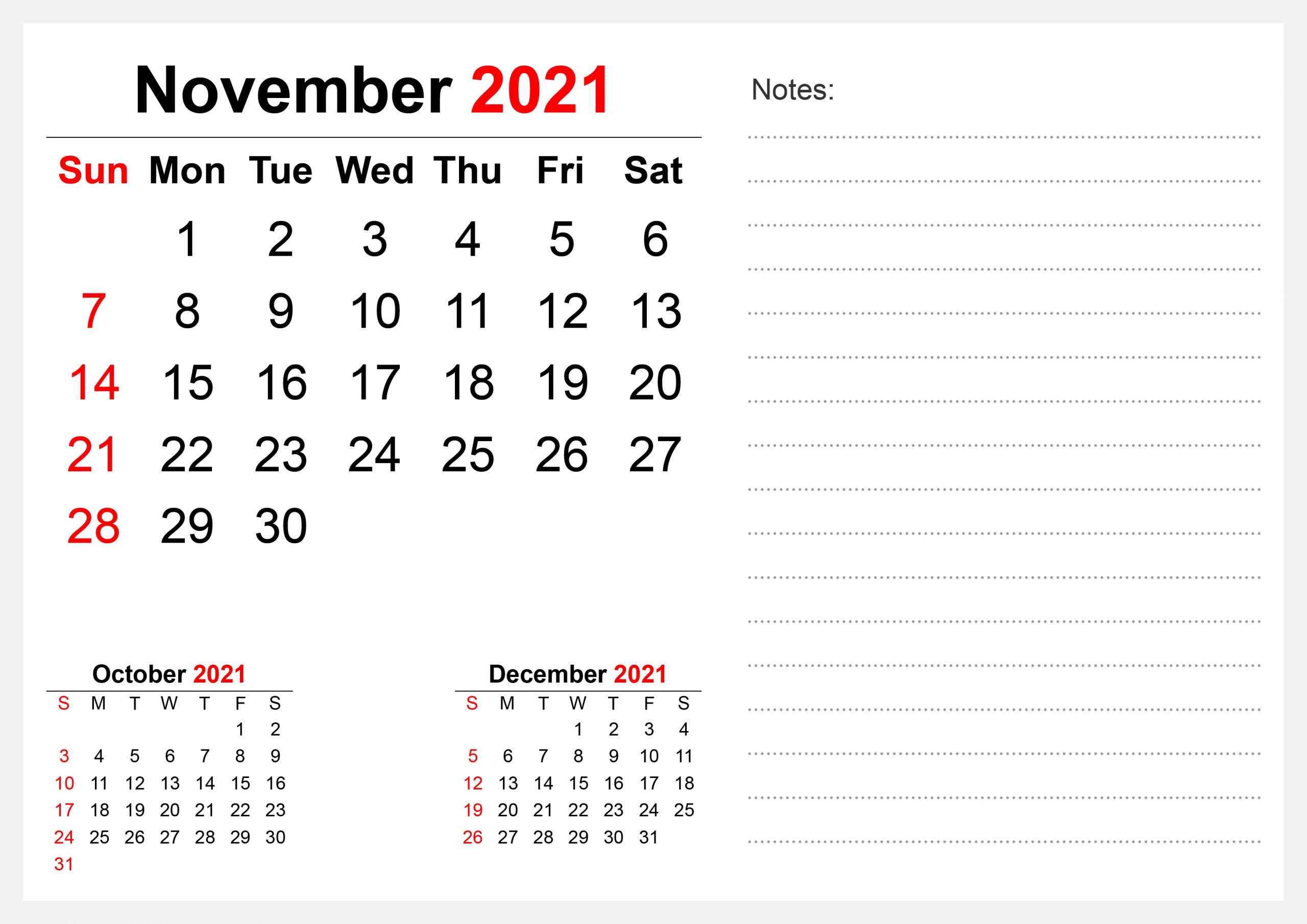 November 2021 Blank Calendar Large Squares