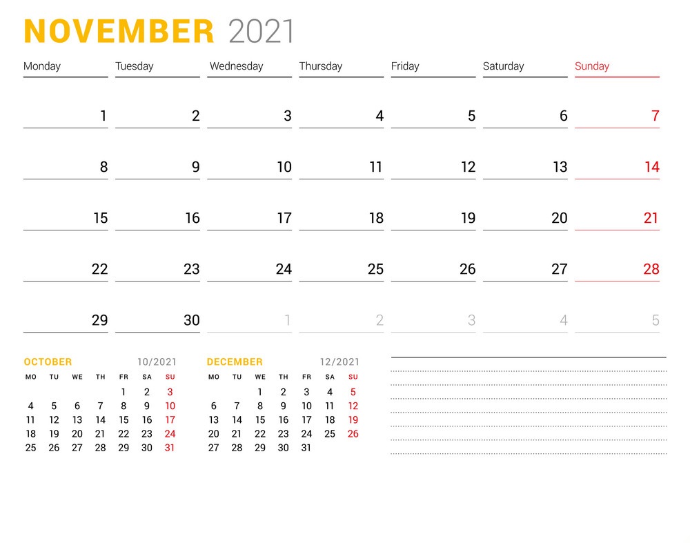 November 2021 Blank Calendar Monday Through Sunday