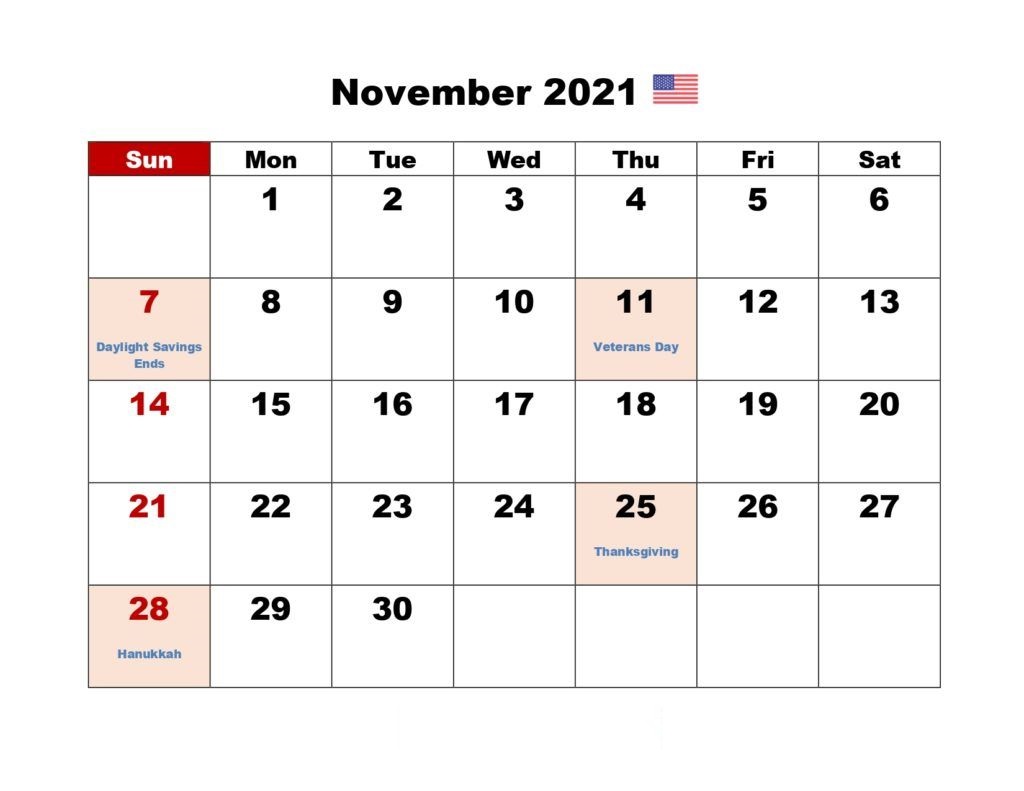 November 2021 Blank Calendar Target Table