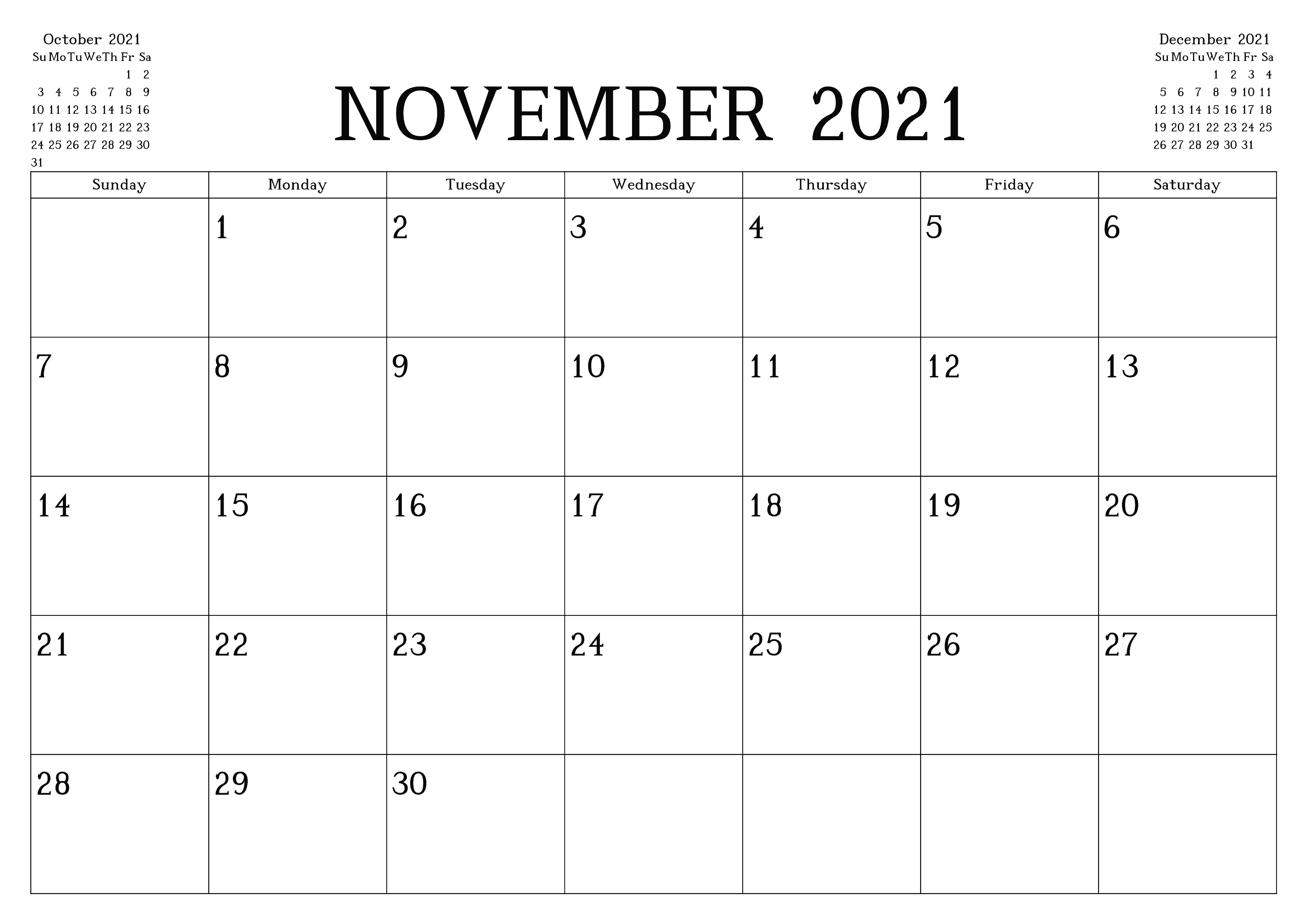 November 2021 Calendar Blank Large Squares