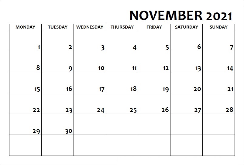 November 2021 Calendar Blank Monday Starts