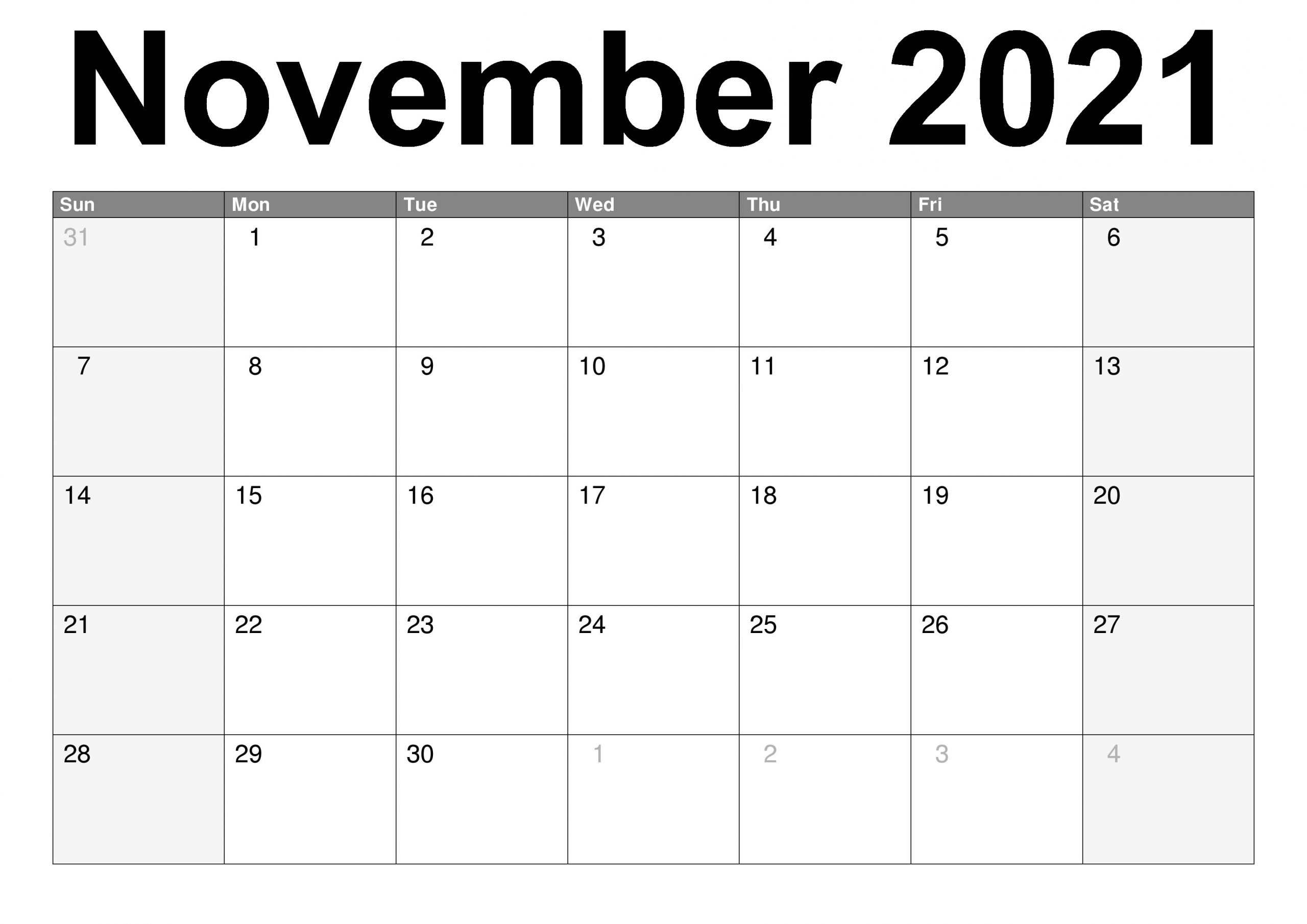 November 2021 Calendar Blank Month Template