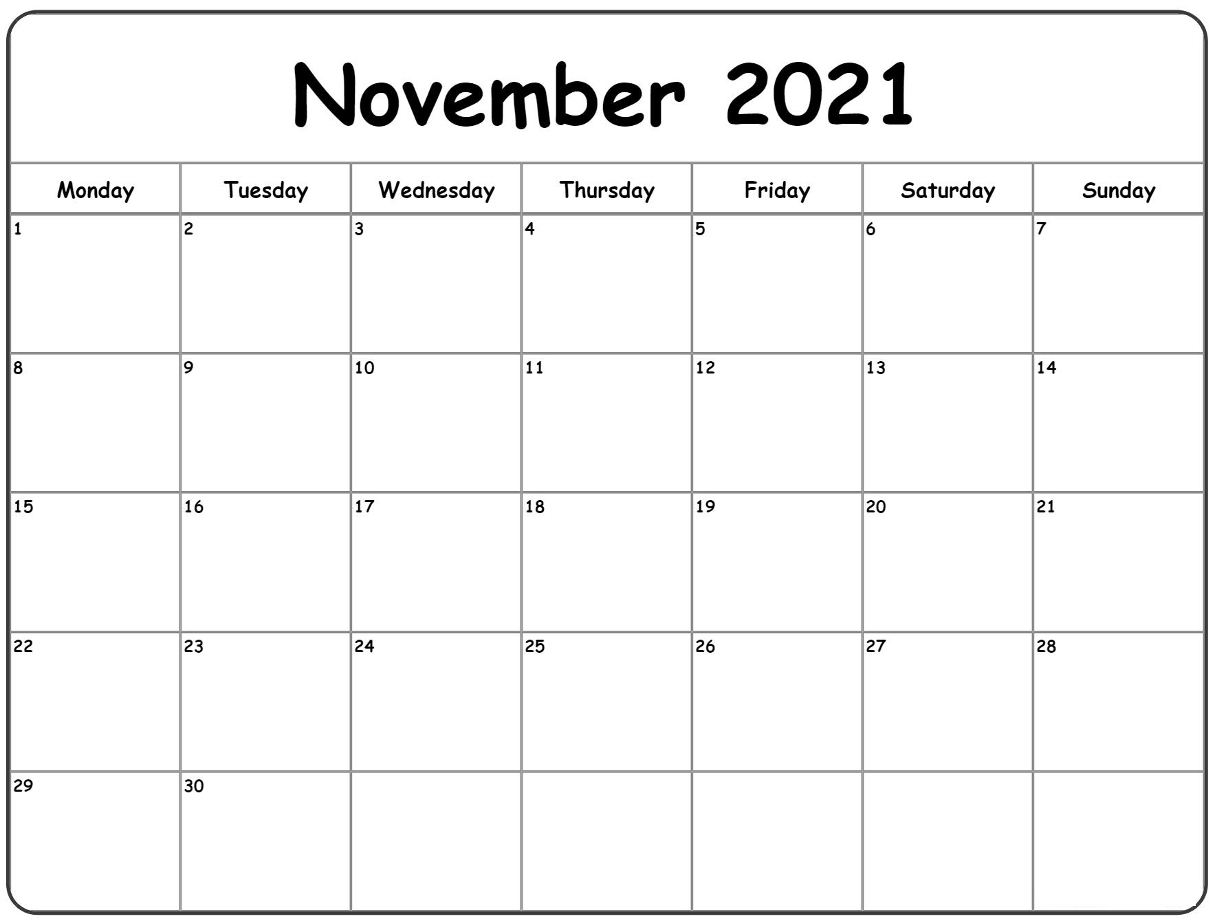 November 2021 Calendar Blank Target Table to Print