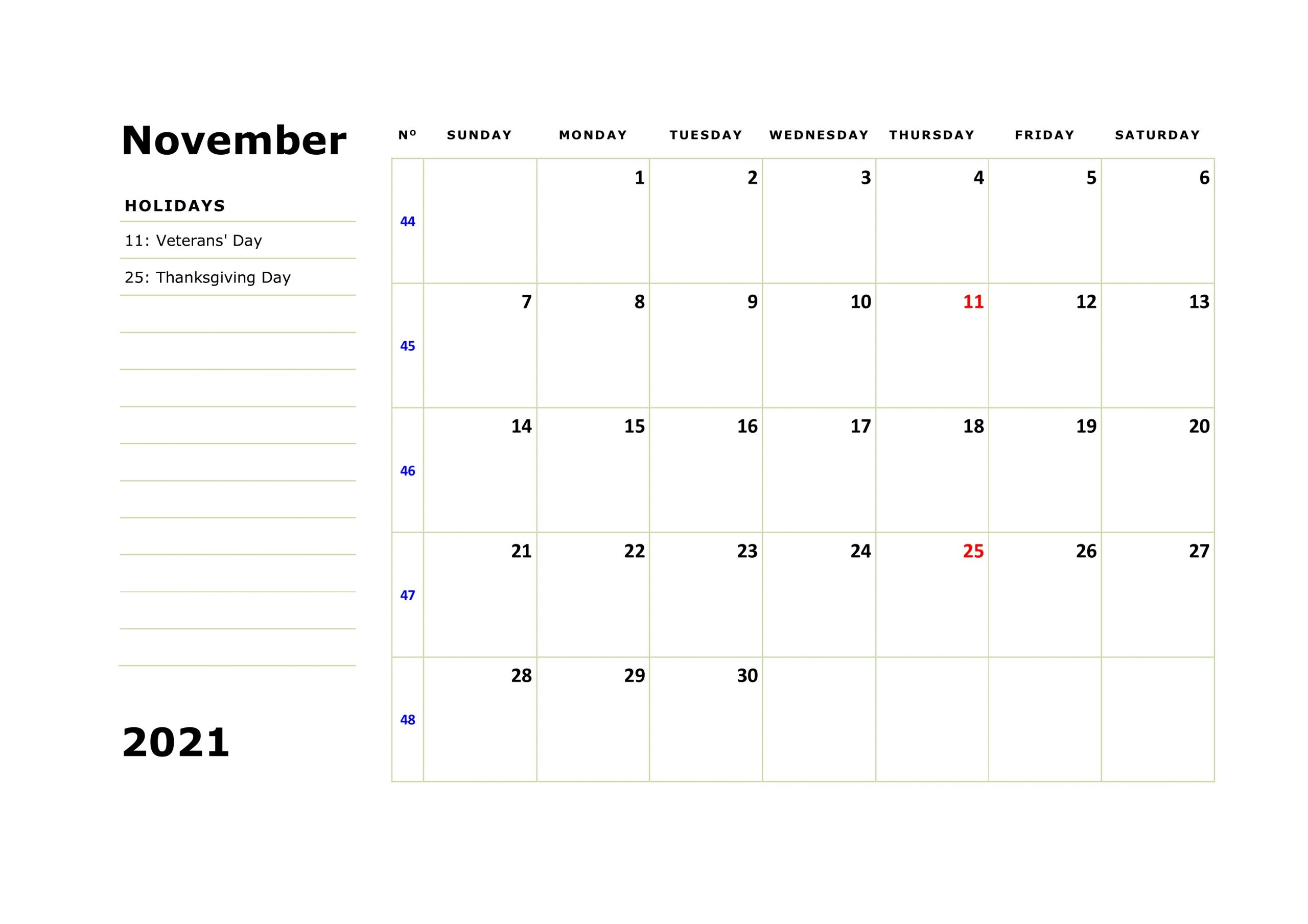 November 2021 Calendar Printable Blank Month