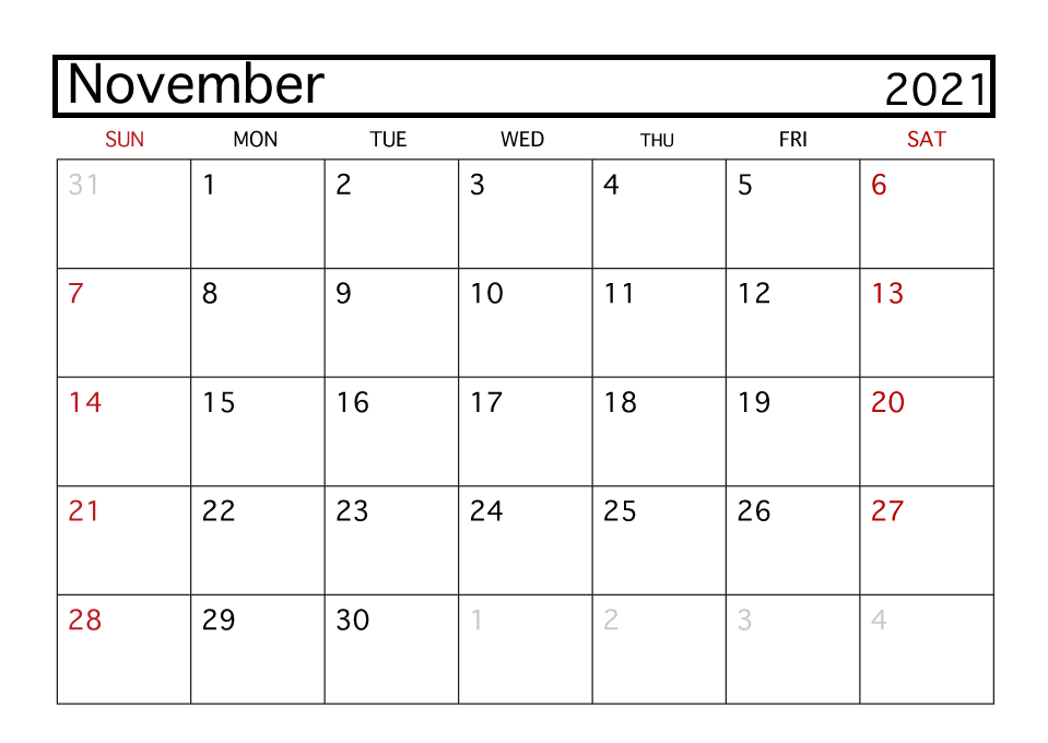 November 2021 Calendar Printable Weekly Template