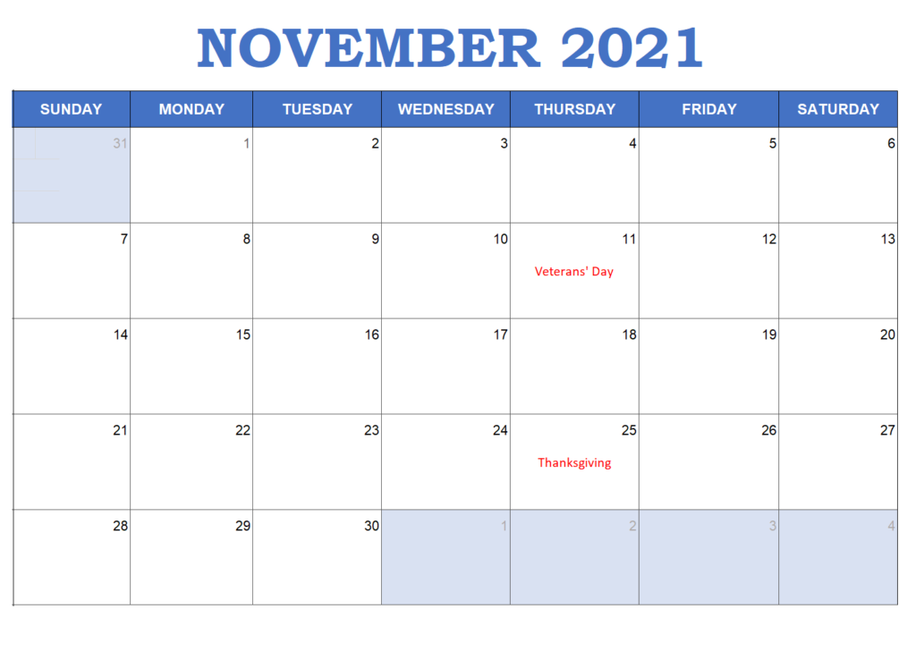 November 2021 Calendar Template Keynotes