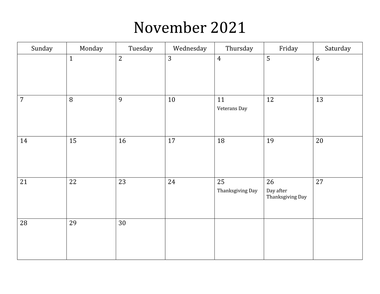 November 2021 Calendar With Holidays