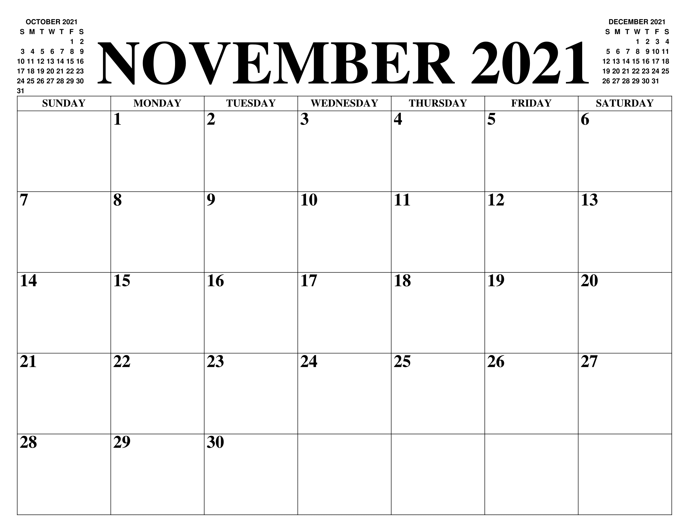 November 2021 Calendar With Summer Holidays