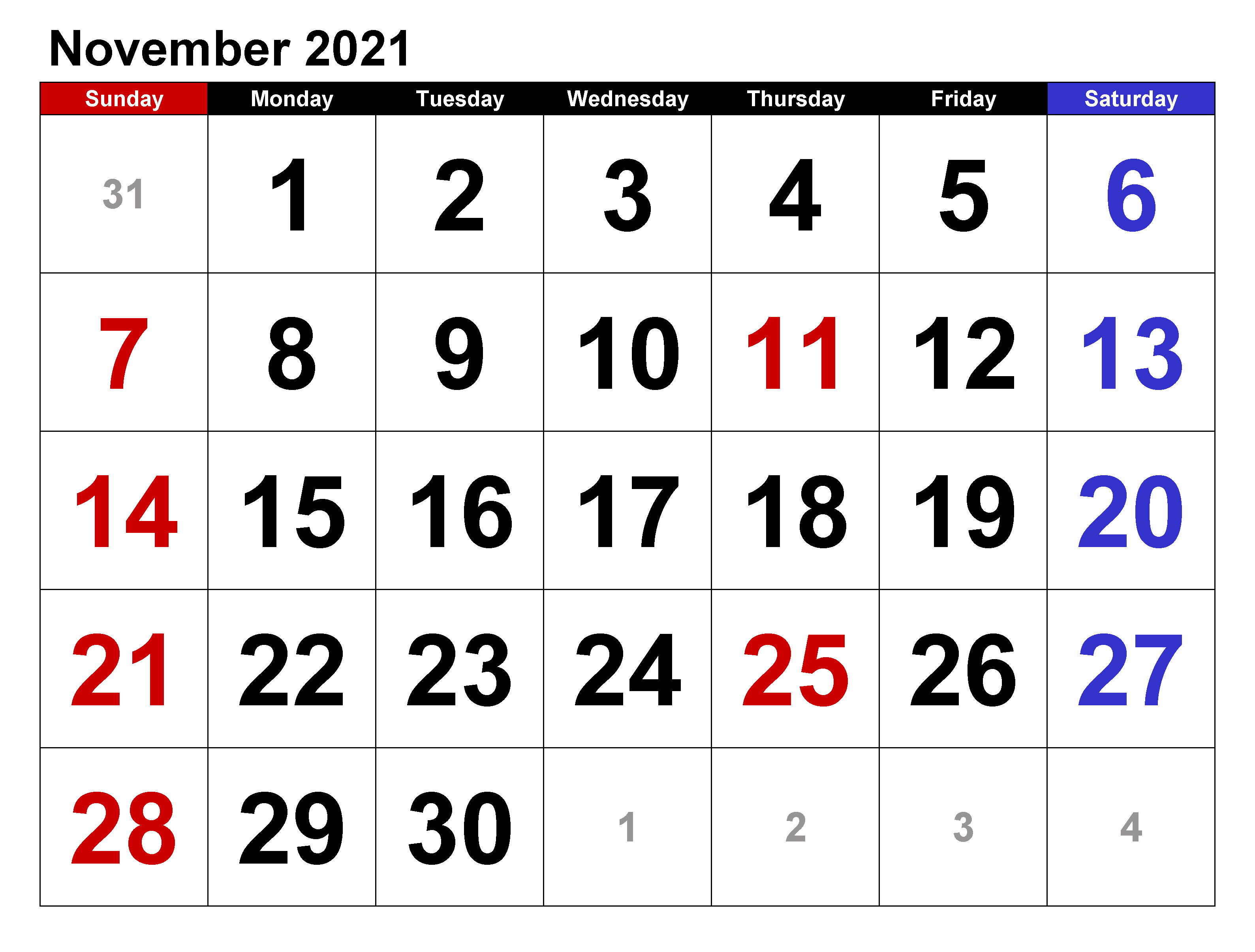 November 2021 Printable Calendar Big Boxes