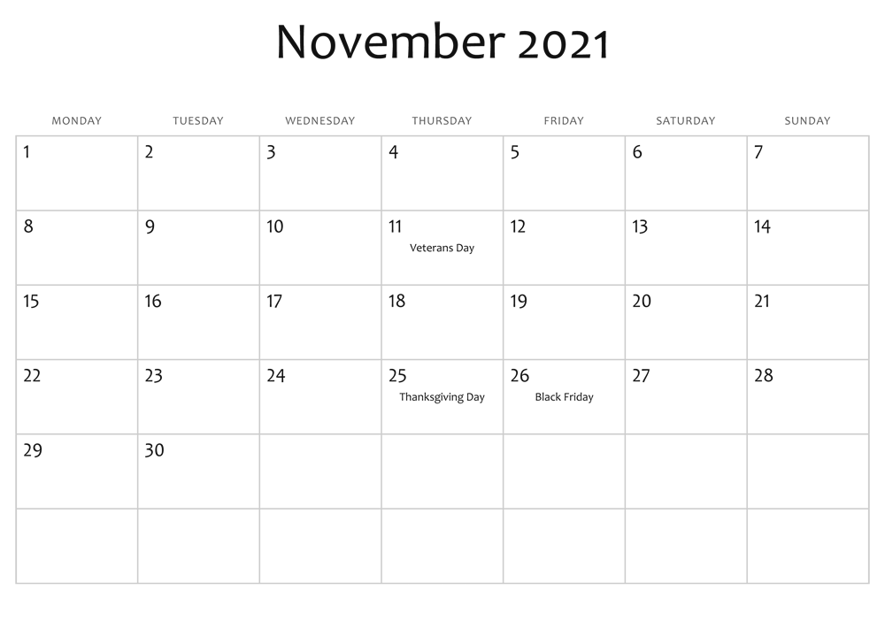 November 2021 Printable Calendar Kids Friendly