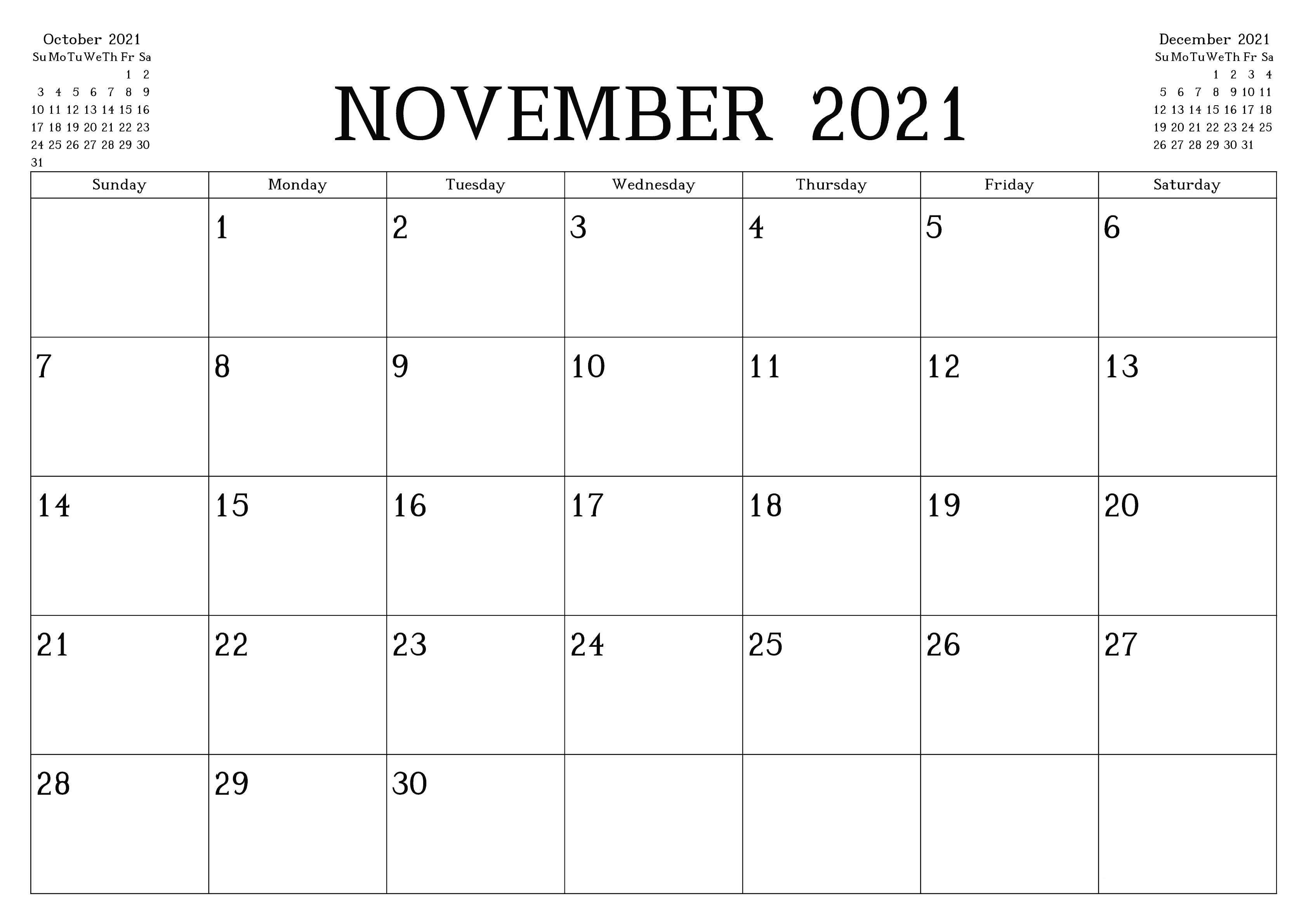 November Calendar 2021 Canada