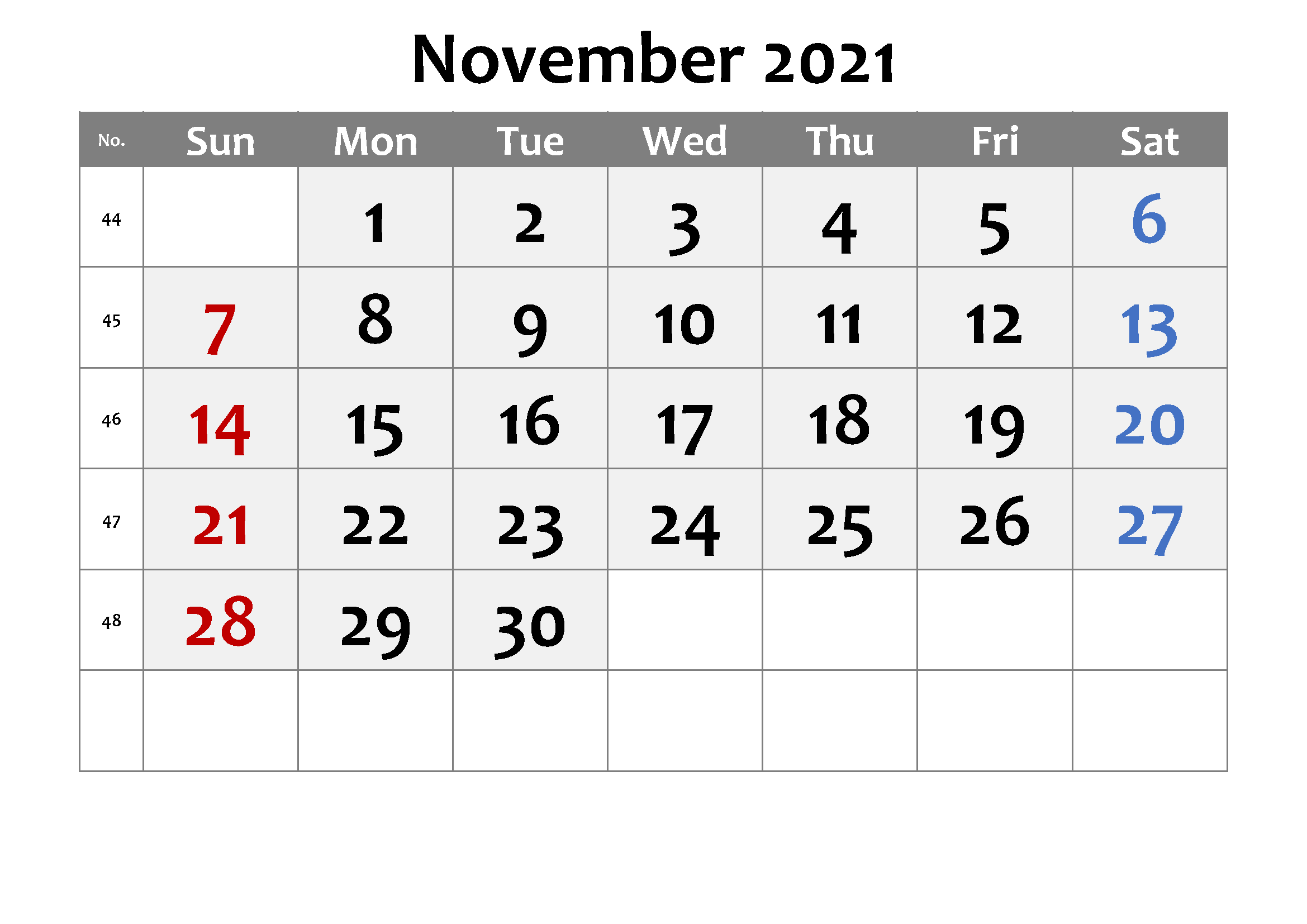 November Calendar 2021 Thanksgiving