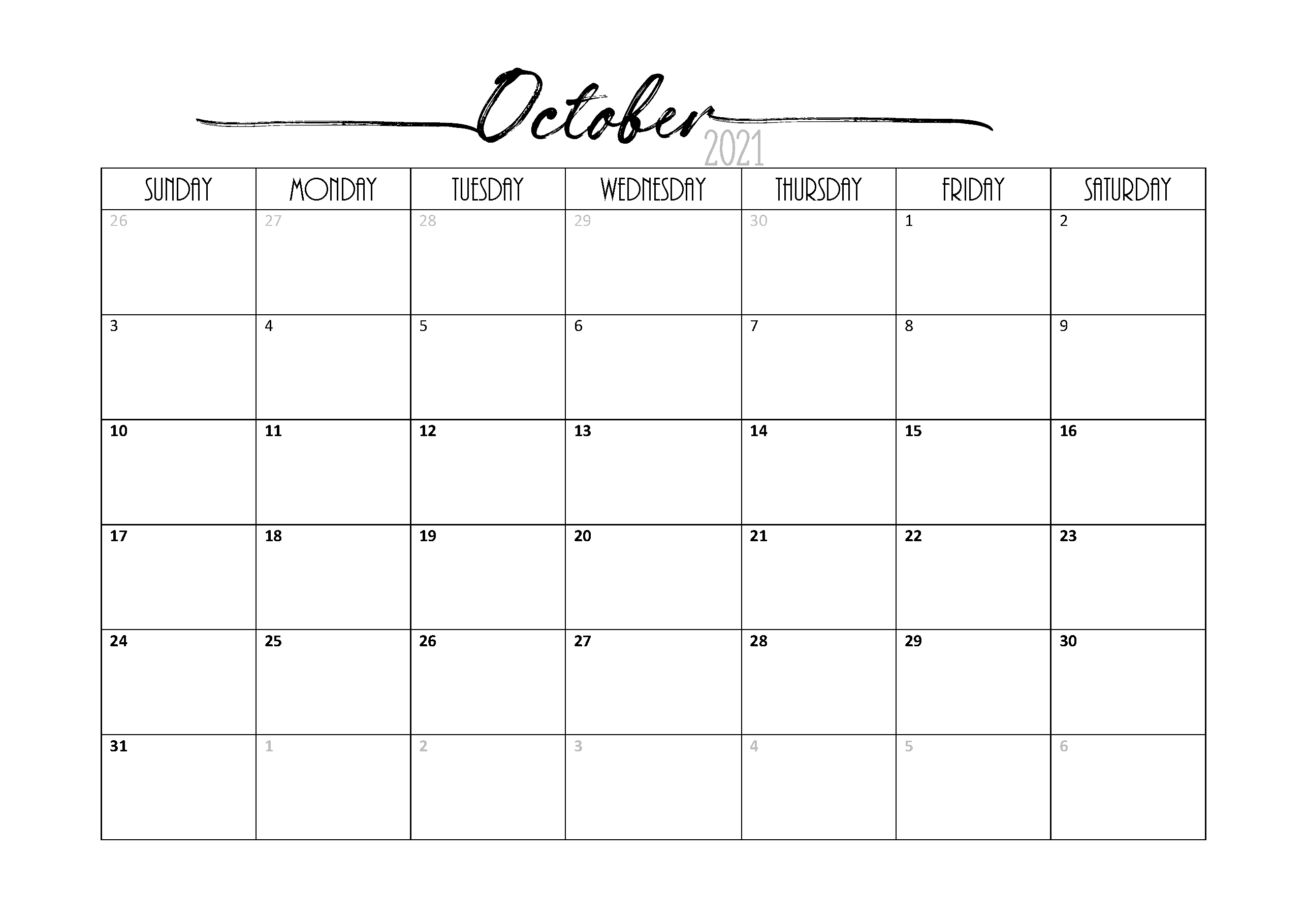 October 2020 to September 2021 Calendar