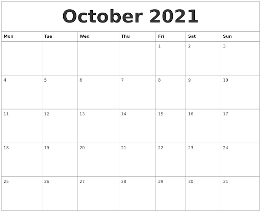 October 2021 Blank Calendar For Printing