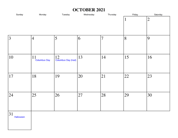 October 2021 Blank Calendar Template Without Number