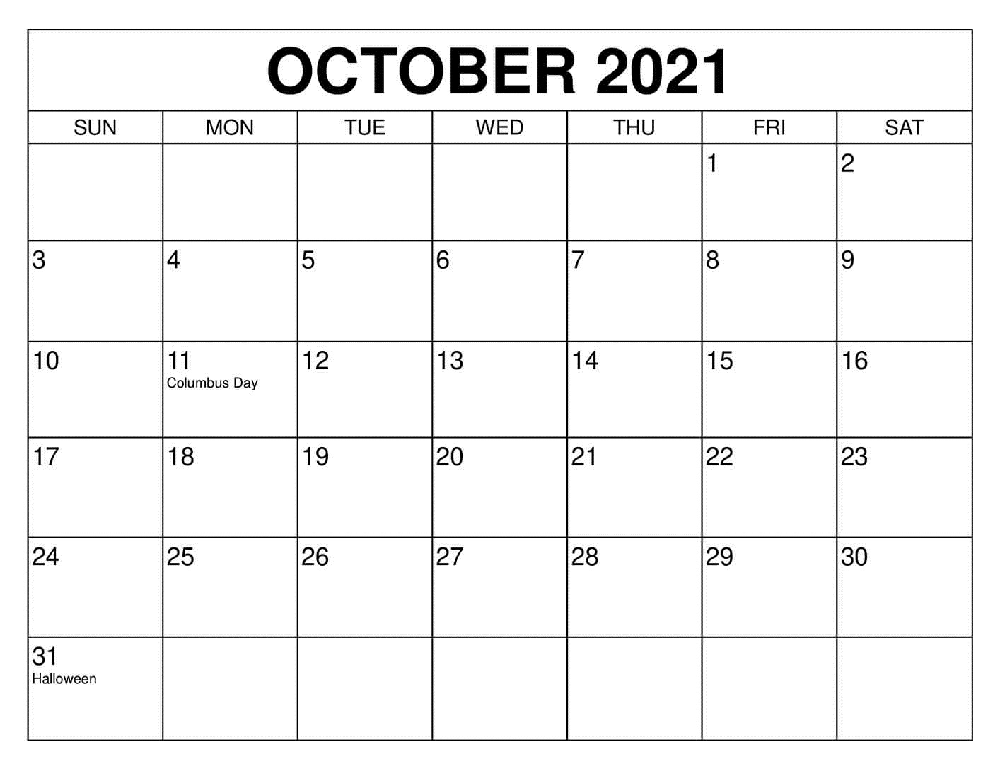 October 2021 Blank Calendar Word Template