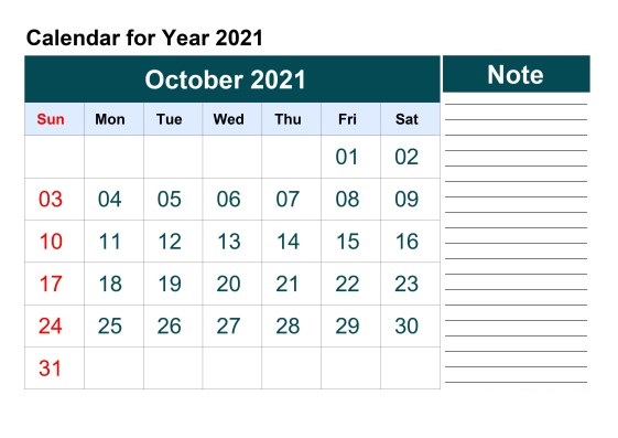 October 2021 Calendar Blank Month Printable Template
