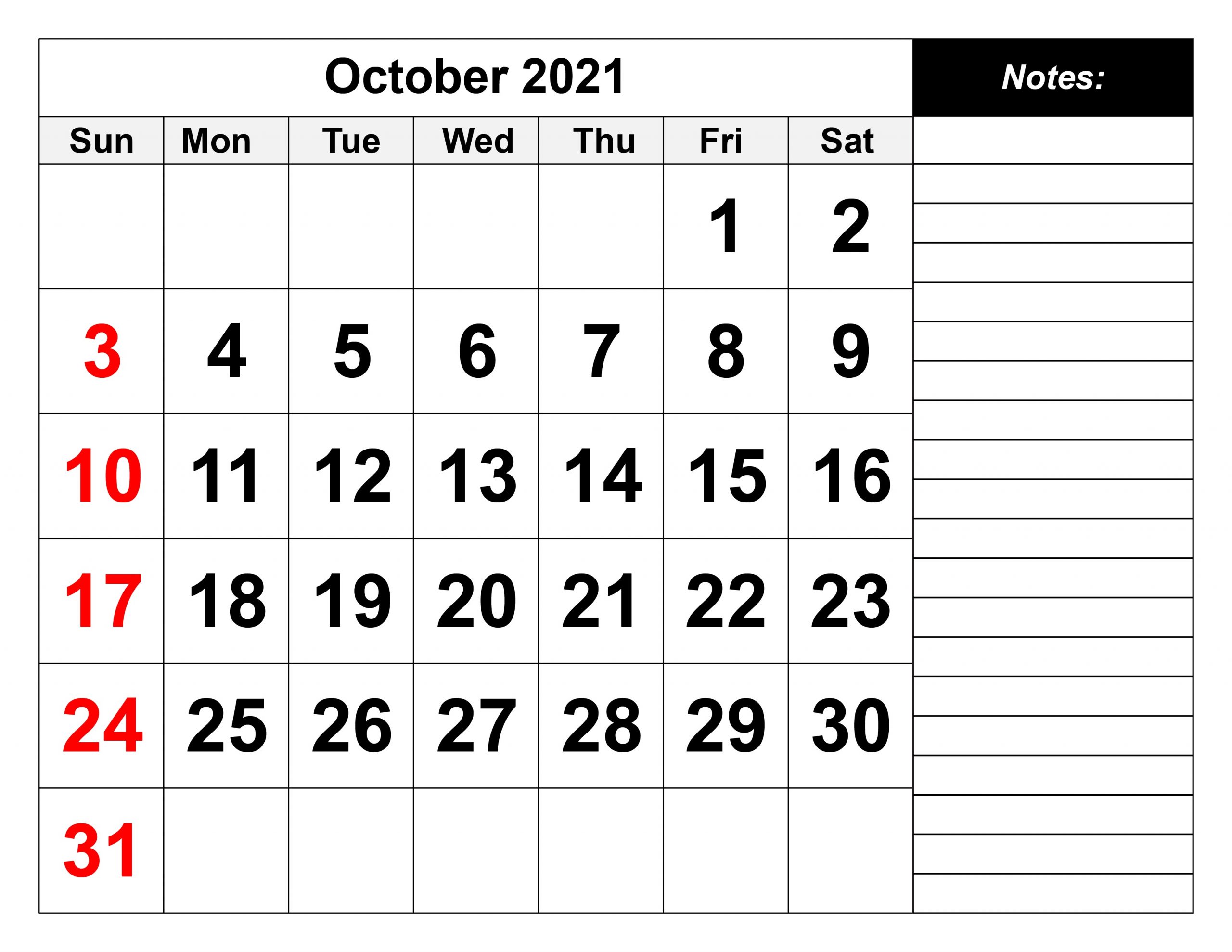 October 2021 Calendar Blank With Notes
