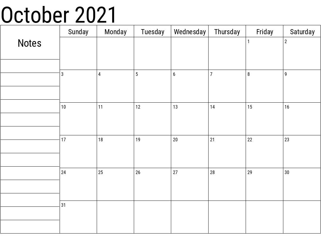 October 2021 Calendar Printable Cute Customizable