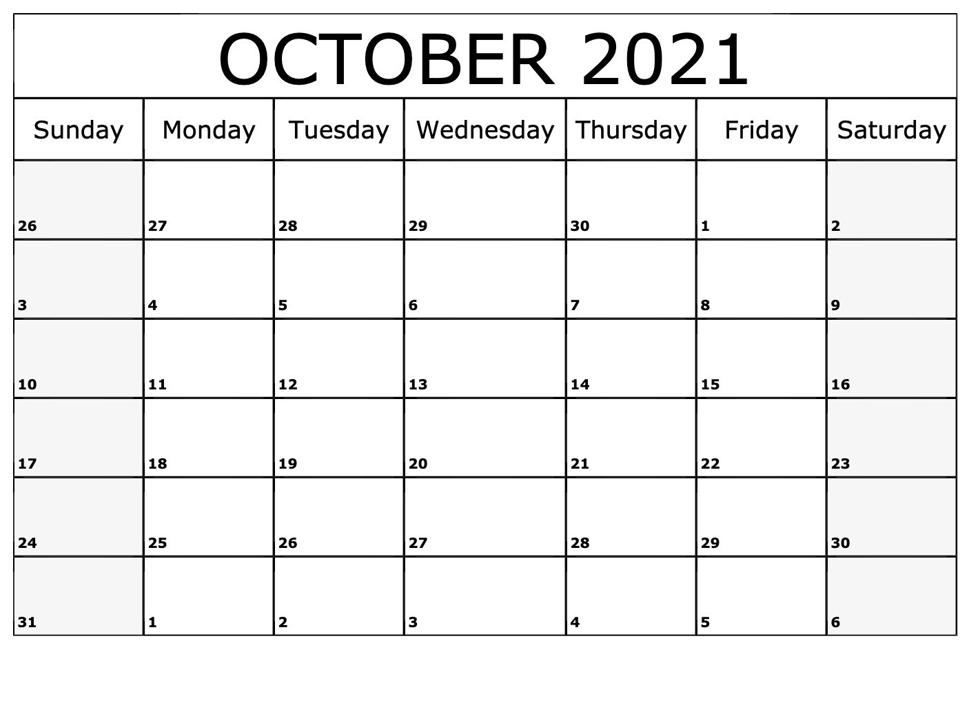 October 2021 Calendar Printable