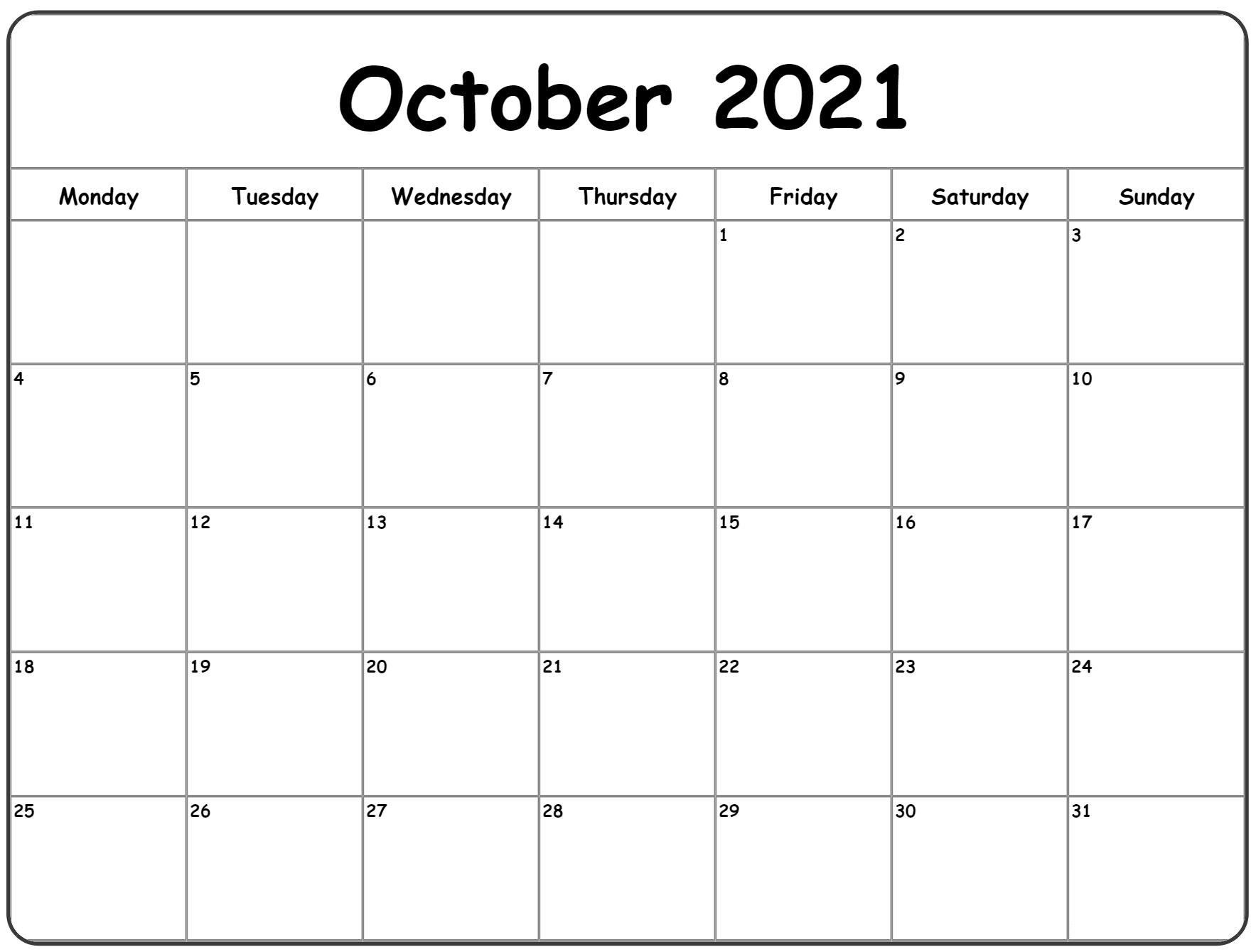 October 2021 Calendar With Holidays PDF