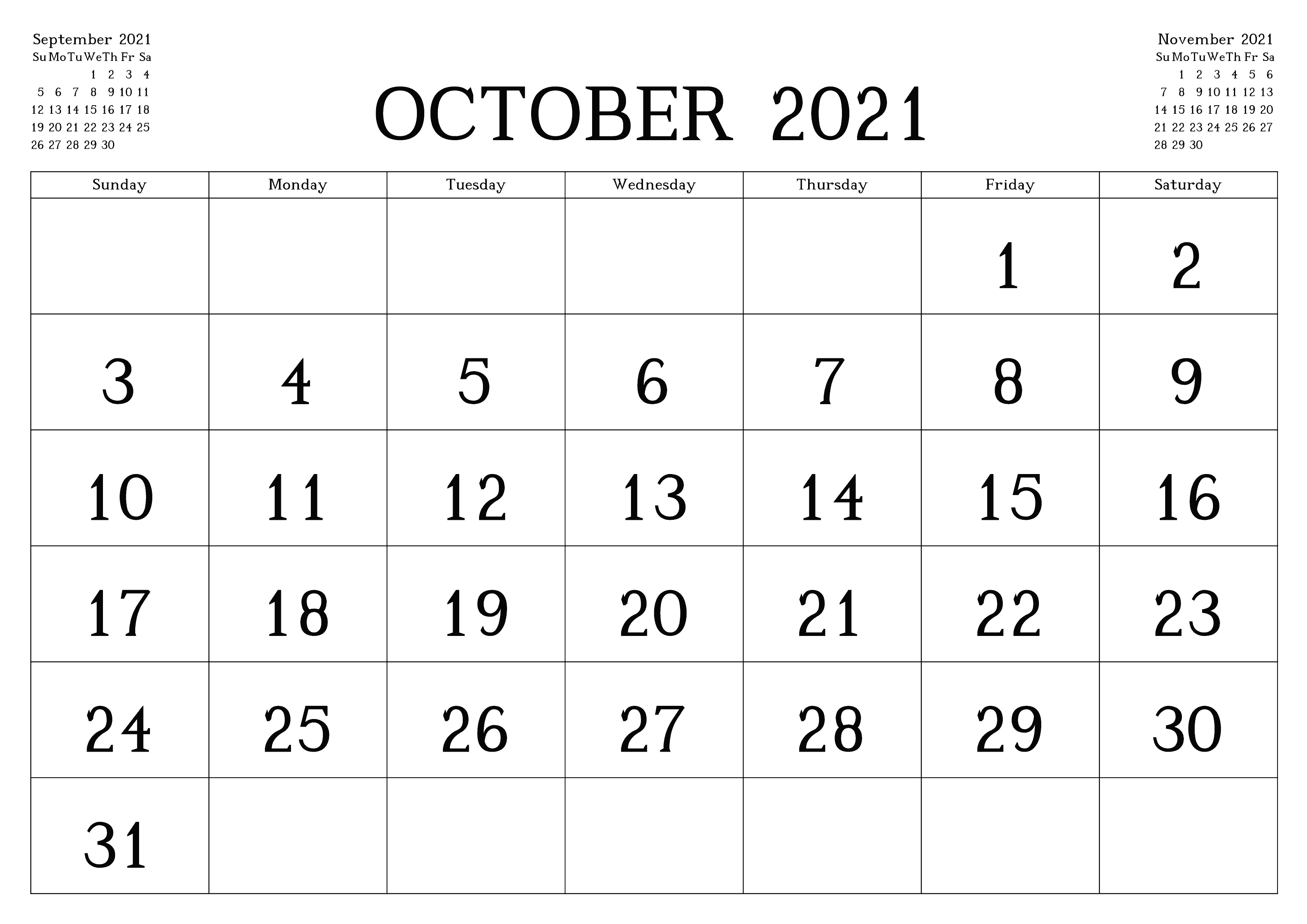 October 2021 Printable Calendar For Students Planner