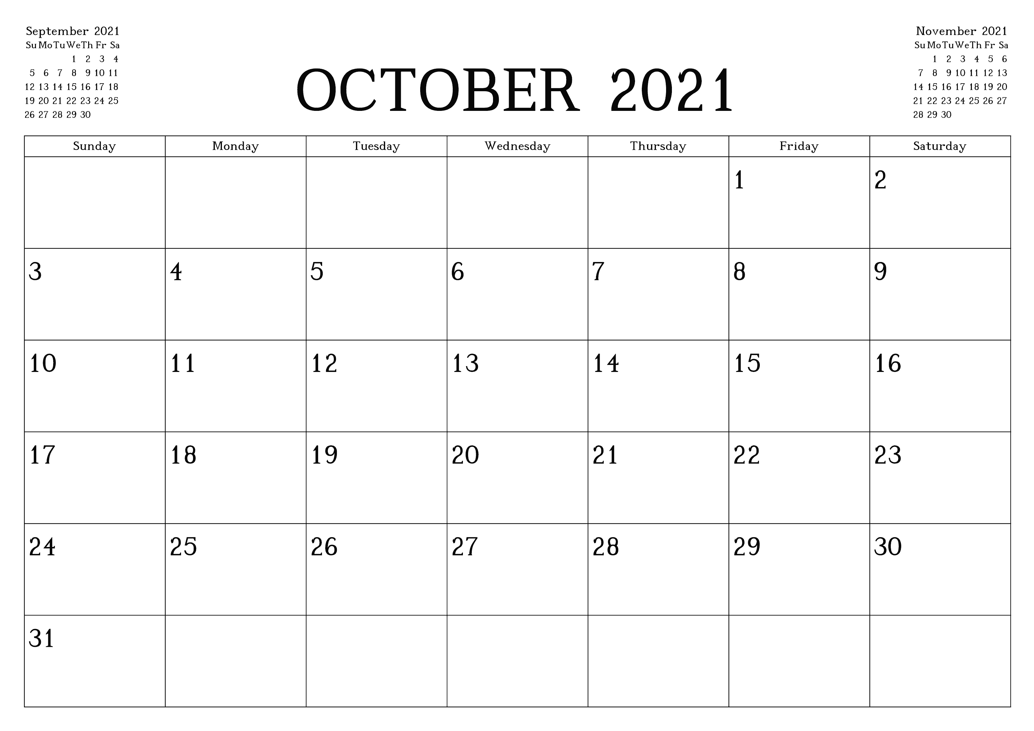 October 2021 Printable Calendar Google Sheets Generator