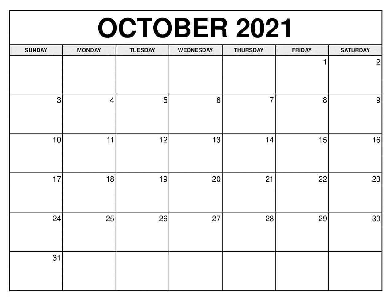 October Calendar 2021 Excel PDF