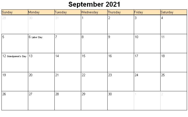 September 2021 Calendar Printable Landscape
