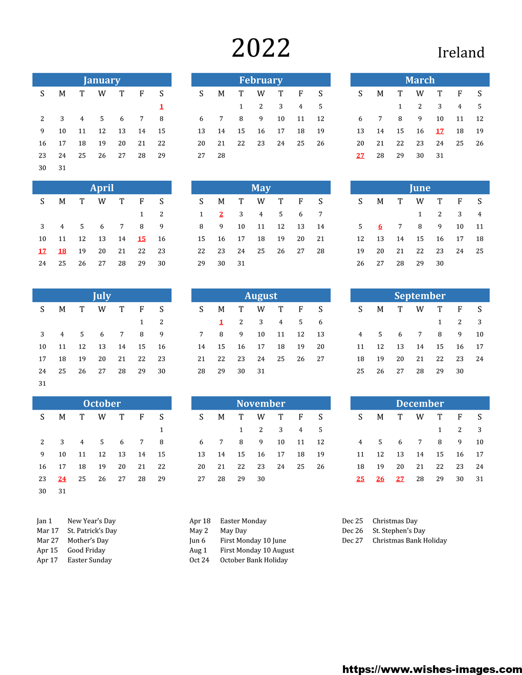 2022 Calendar Printable Canada