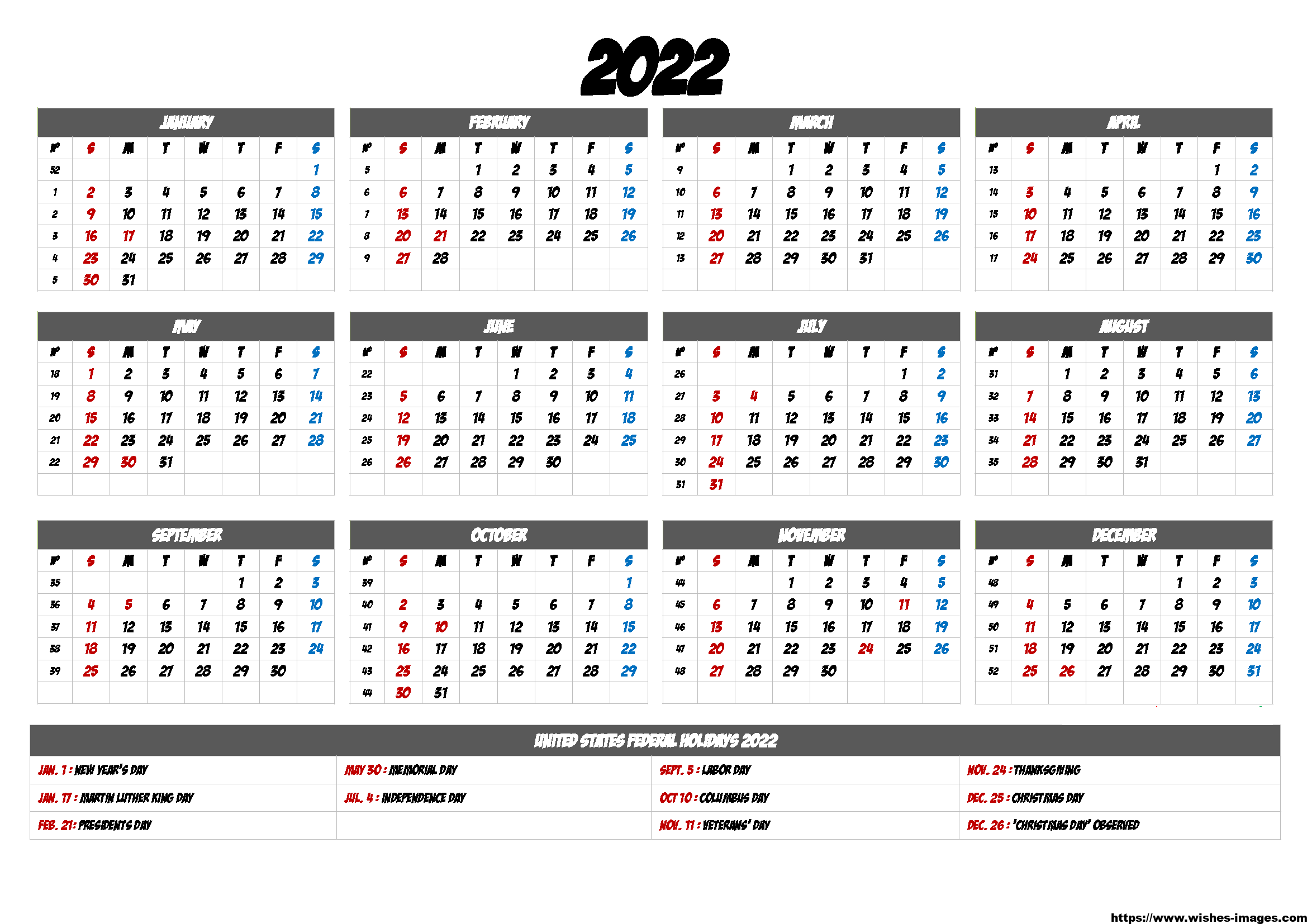 2022 Calendar Template Excel