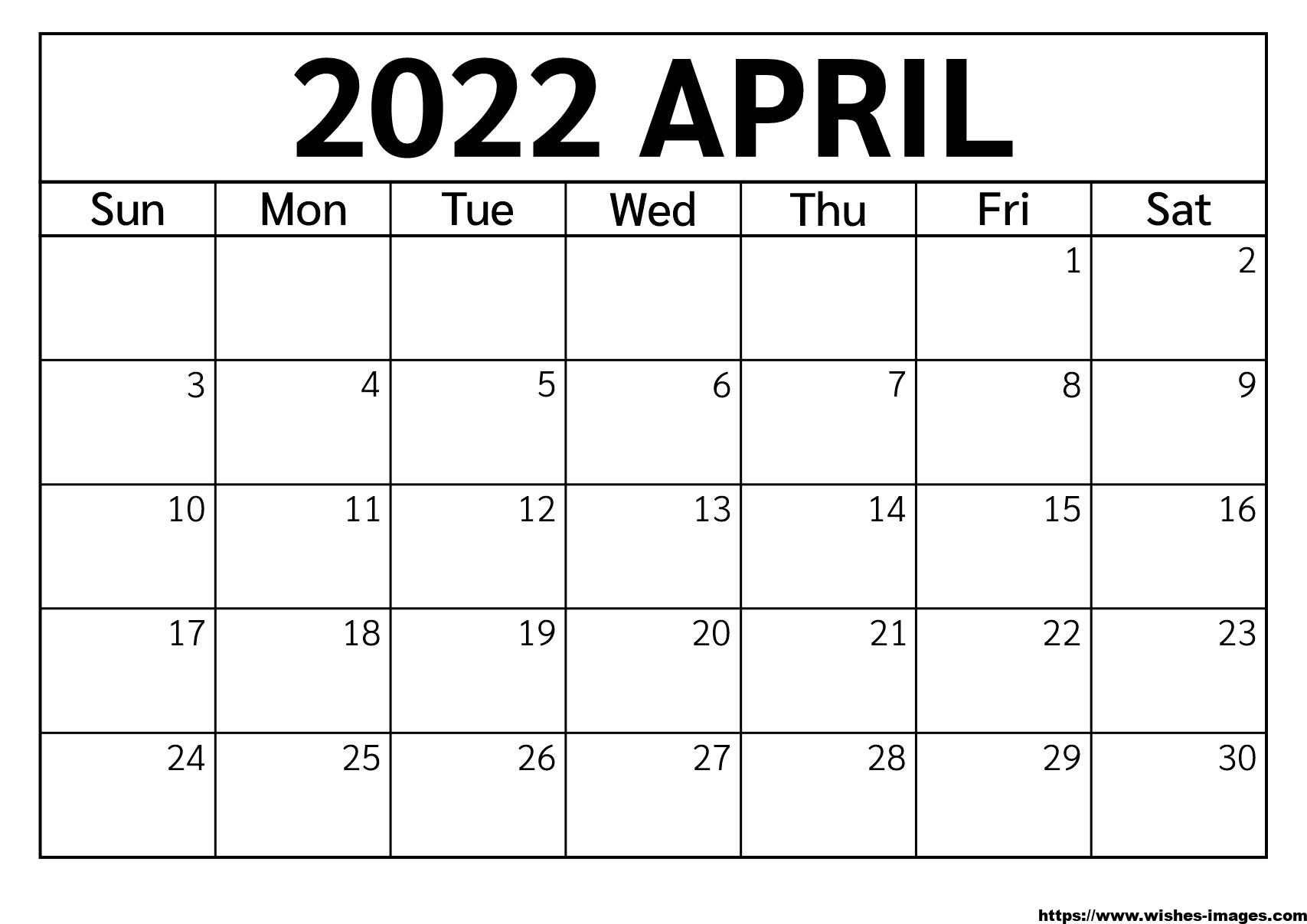 Printable April 2022 Calendar