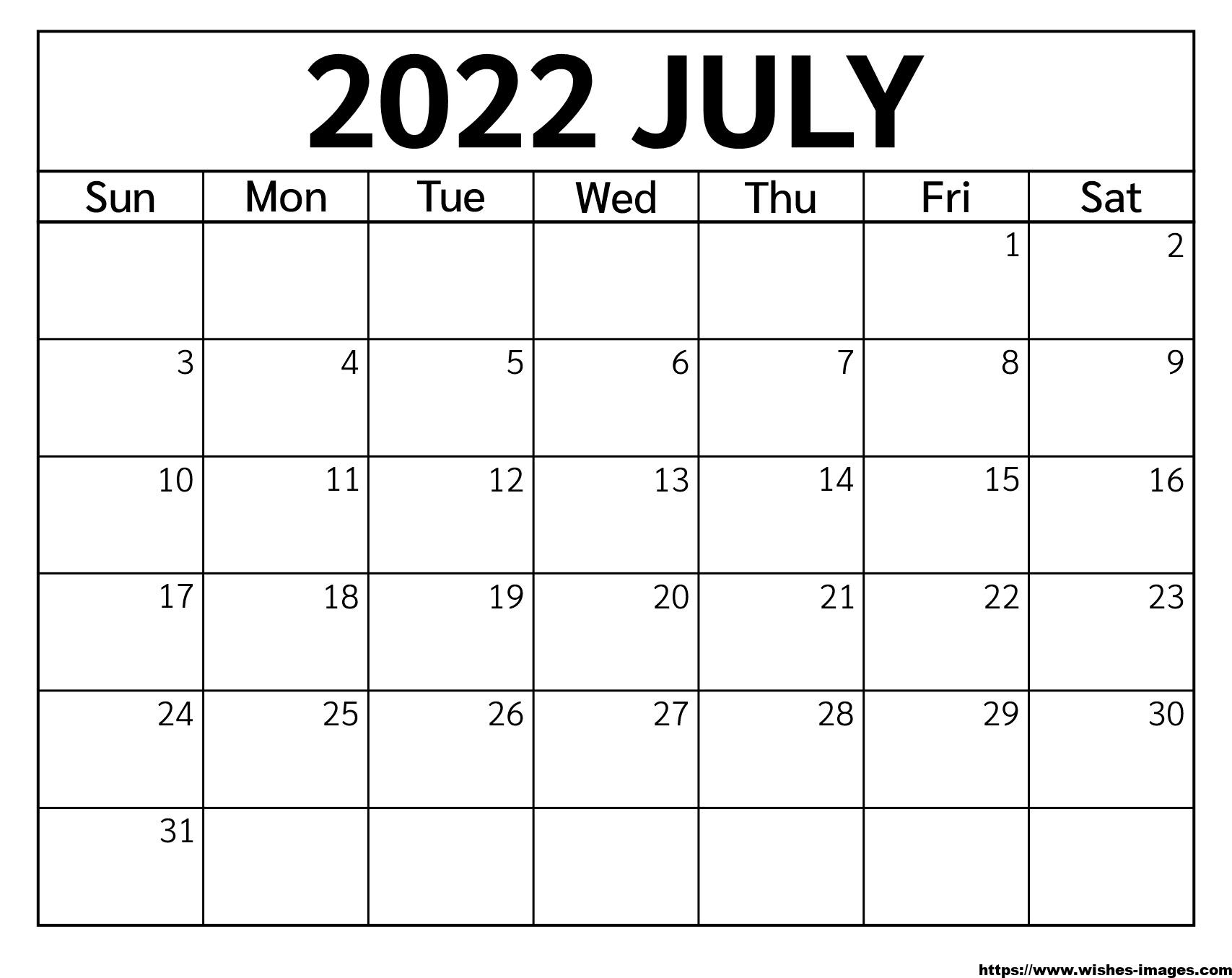 Printable July 2022 Calendar