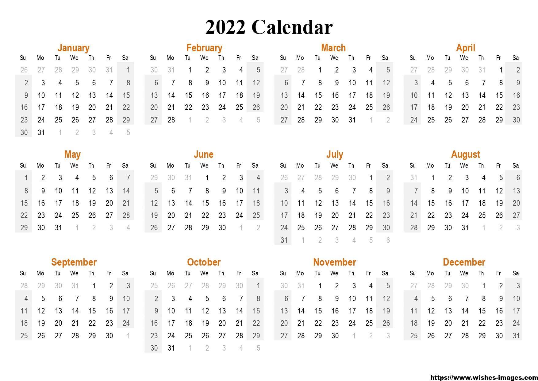 2022 Monthly Calendar