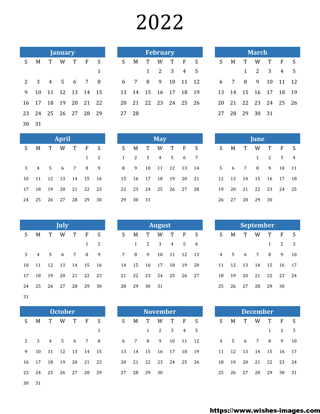 2022 Printable Calendar One Page Vertical