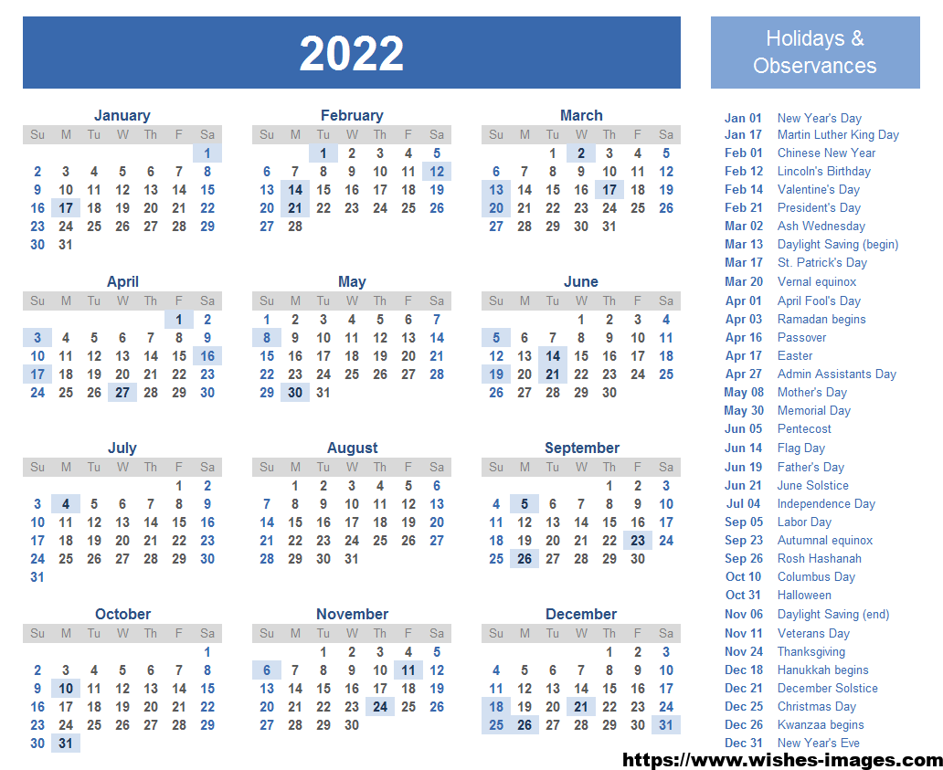 2022 Printable Calendar One Page With Holidays